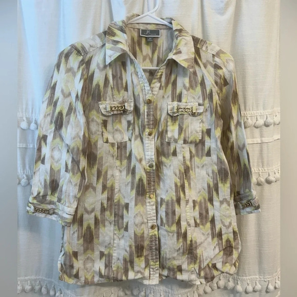 JM collection petite 100% linen button down blouse yellow brown white size 6P - Picture 1 of 8